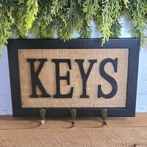 Primitive Black Burlap Keys Rack Wall Hanging Hooks Farmhouse Decor - Damaged